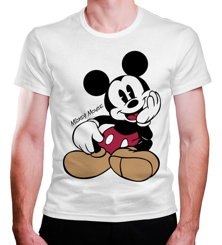 Camiseta Masculina Branca Bco Mickey Mouse  Sentado Retro