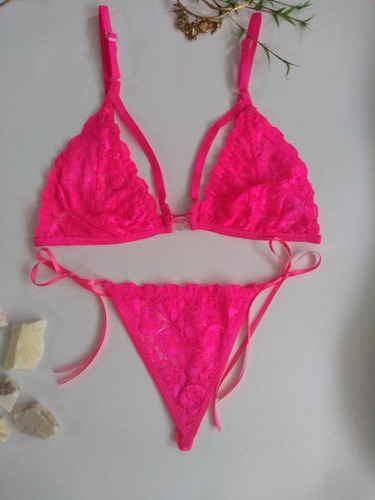 Bralette Y Tanga Lencería Sexy  Con Listones Color Neón 