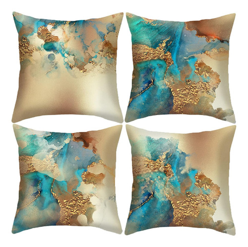 Set De 4 Fundas Almohada Abstractas Doradas Azul Y Verde, De