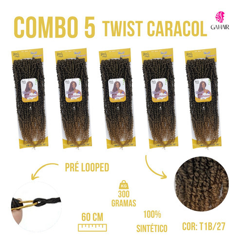 Combo 5 Cabelos Twist Praia Caracol P/crochet 60cm Atacado Cor Preto Com Californiana Mel T1B-27