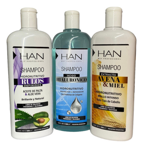 Combo X3 Shampoo 500ml Avena - Ácido - Rulos -  Han