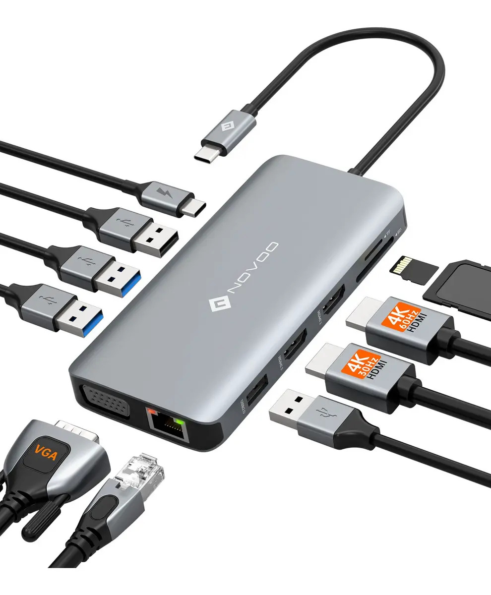 Novoo Hub USB Tipo C 11 en 1 Adaptador USB C multipuer to Docking Station Con Dual HDMI 4K VGA Ampliación a tres pantallas,Ethernet,PD 100W,USB 3.0, Lector de Tarjetas SD/Micro SD,