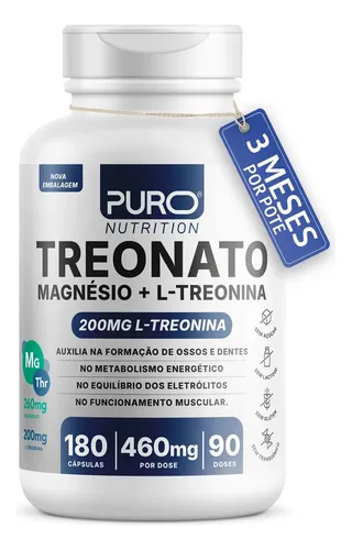 Treonato Puro Nutrition Magnésio + L-Treonina, Alto Teor de Magnésio por Porção, 180 Cápsula