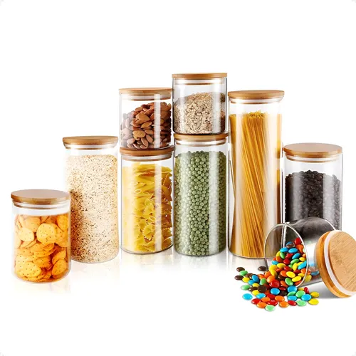 Kit 9 Potes Mantimentos Vidro Herméticos Com Tampa Bambu Alta Resistência Epsilon Eps-709 Transparente