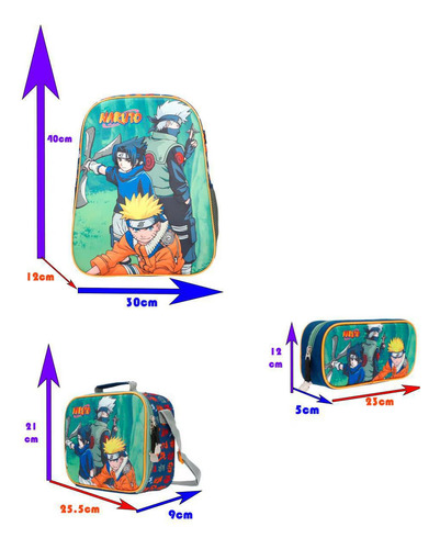 Mochila Lonchera Lapicera Set 3 Pzs Naruto Original Premium. Azul Petróleo Naruto