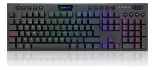 Teclado gamer bluetooth Redragon Horus K618 QWERTY Redragon Low profile Linear Red español latinoamérica color negro con luz RGB