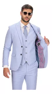 Traje Slim Fit Con Chaleco Azul Cielo