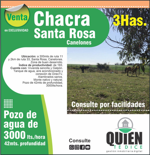 Chacra 3has En Santa Rosa A Metros De Ruta 11, Buen Índice De Productividad, Consulte Por Facilidades