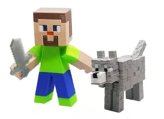 Minecraft Steve + Cachorro Cinza + Picareta E Espada