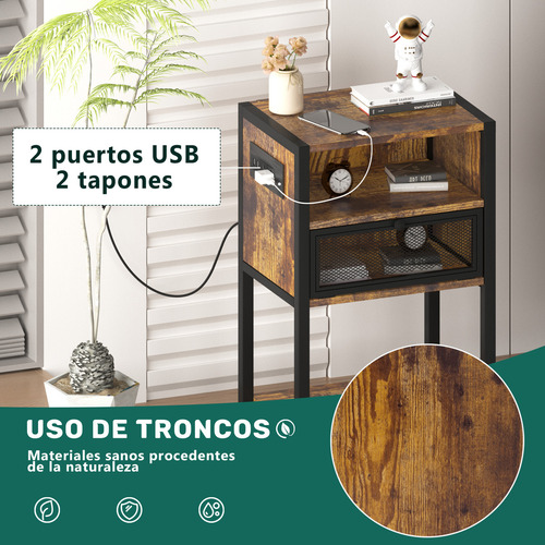 Lazydot Mesilla De Noche Con Tomas, Buros Para Recamara Con Dos Cajones, Mueble De Salón Con Dos Enchufes Y Dos Usb, Mesita De Noche Vintage, Mesa Auxiliar