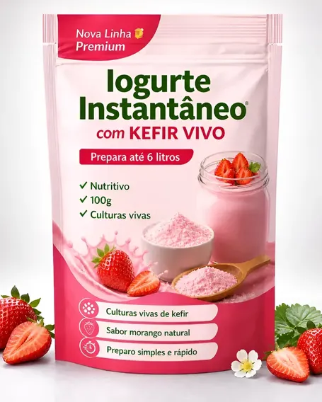 Iogurte Instantâneo Desidratado C/ Kefir Vivo E Probióticos Morango 6l