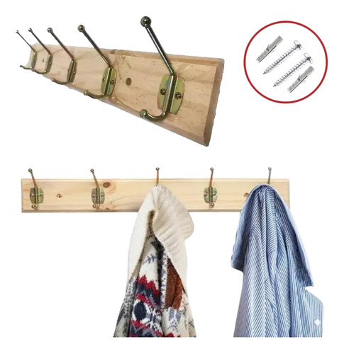 Perchero De Madera Con 5 Ganchos Dobles Instalación Fácil