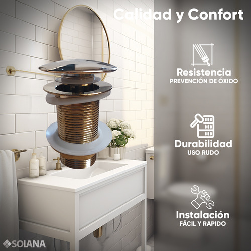 Solana Contra Push Corto De Lavabo Gold De Acero Inoxidable 304 Modelo Iltalia / Desagüe Completo Sin Rebosadero Universal Tubular Con Sistema Pop Up