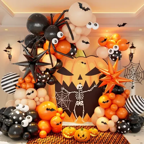 Kit De Arco De Balões Halloween 3d Morcego Preto E Laranja