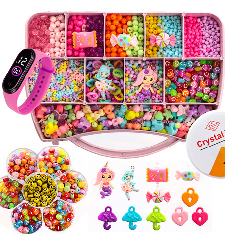 Kit Miçangas 3500 Pçs Infantil P/ Montar Pulseiras Bolinhas Cor Maleta Rosa