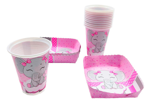 Kit 12 Vasos 12 Platos Decorativos Baby Shower Elefante Niña