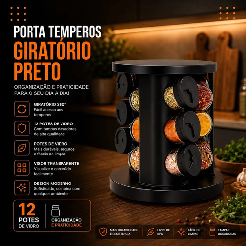 Porta Temperos Condimentos 9 Unidades Potes Vidro Base Giratória Preto Organizador Cozinha Dosador Hold On
