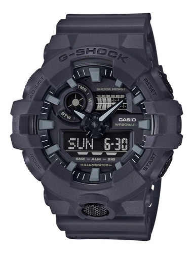 Reloj de pulsera Casio G-Shock GA-700UC de cuerpo color gris, analógico-digital, para hombre, fondo negro, con correa de resina color gris, agujas color blanco, dial gris, subesferas color negro, minutero/segundero blanco, bisel color gris, luz blanco y hebilla doble