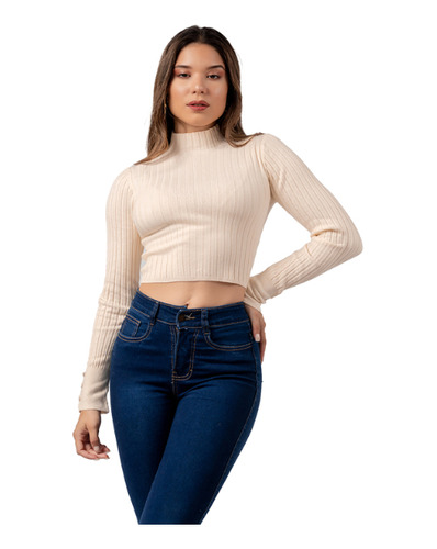 Chompa Crop Cuello Alto De Cashemira Color Crema