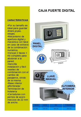 Caja Fuerte Digital, Llave Manual, 31x20x20 Local Quilmes
