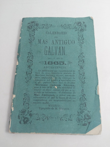 Calendario Del Más Antiguo Galvan 1865