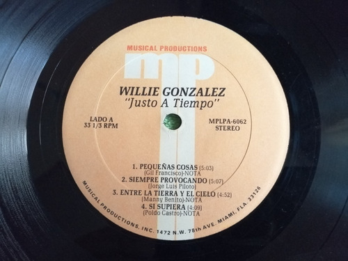 Eam Lp Vinilo Willie Gonzalez Justo A Tiempo 1992 Americano (Usado)