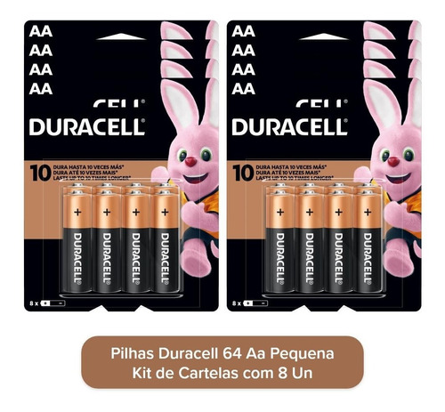 64 Pilhas Duracell Aa Pequena 8 Cartelas C/8 Unidades 1,5v