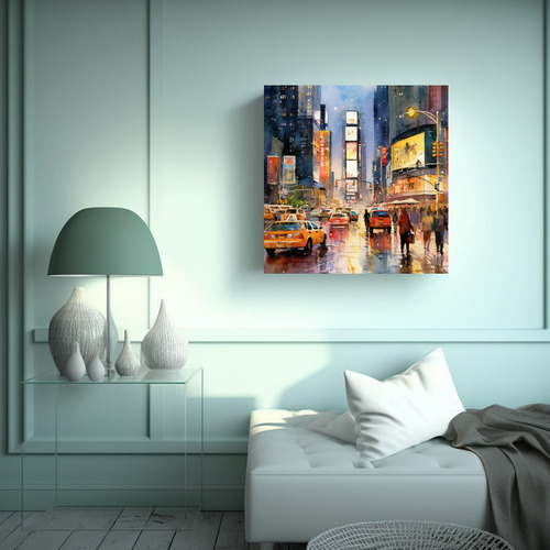 30x30cm Cuadro Acuarela Times Square Nueva York Flores