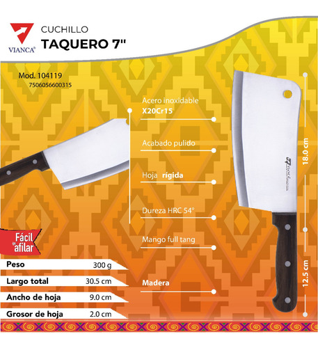 Cuchillo Taquero 7'' Vianca Hachuela Mango De Madera Color Marrón oscuro