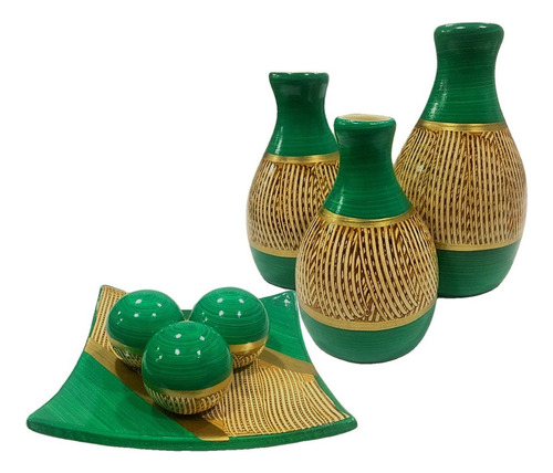 Conjunto Enfeite Sala Ceramica Centro Mesa Decorativo Cores Cor Leticia Verde Dourado