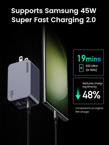 Ugreen Cargador 100w 2usb-c 1usb Gan +cable C Para Mac 25873