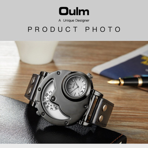 Reloj Impermeable De Cuero Oulm Two Time Zone