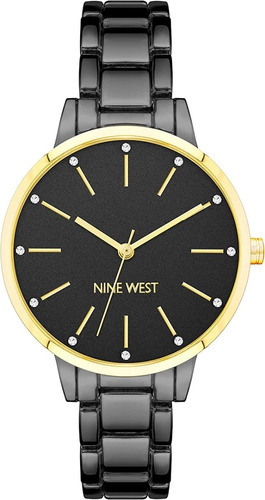 Nine West ® Reloj Mano Mujer 36mm Cristal Abovedado 2099gytt Color de la correa Gris plomizo Color del bisel Dorado Color del fondo Negr