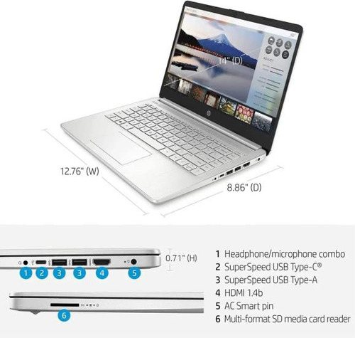 Laptop Hp Fhd Ips Display, Amd Ryzen U, 4gb Ram, 128gb Ssd,
