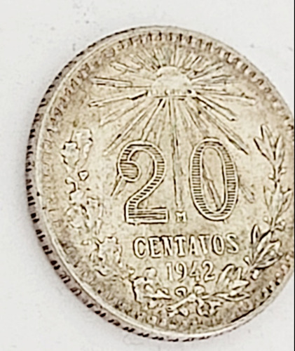 Moneda Plata 0.720 De 20 Centavos 1942 México Colección (Usado)