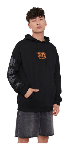 Poleron Hombre Hood Print Negro Corona