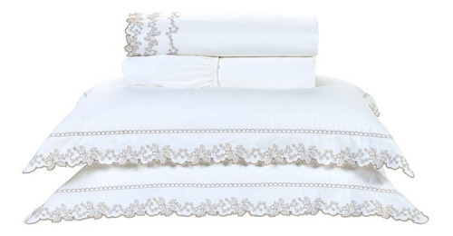 Roupa De Cama Casal Yara 200 Fios 100% Algodão 04 Peças Cor Creme Desenho Do Tecido Liso