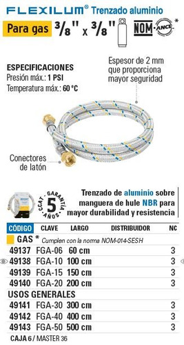 Manguera Aluminio Gas 3/8'' X 3/8'' 3 Mt Foset 49141