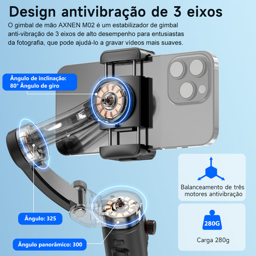 Estabilizador de cardan Axnen para telefones celulares e câmeras de 3 eixos M02
