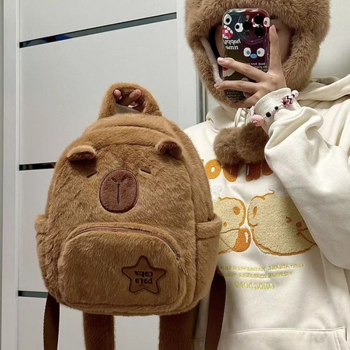 Mochila De Capibara De Felpa Para Mujer, Bolso Peludo Bonito