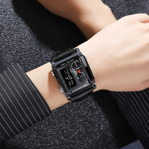 Reloj Skmei Rectangular Piel Genuina Tres Hrs Configurables Correa Negro Bisel Dorado