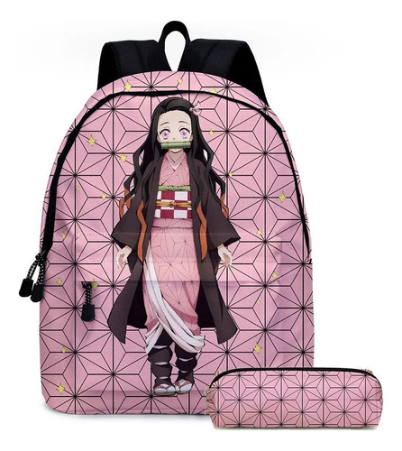 Mochila Anime Nezuko Demon Slayer Escolar Y Portátil Con 4 Regalos: Lapicera Nezuko, Peluche Nezuko, Llavero Nezuko Y 50 Stickers Pegatinas Nezuko Liso