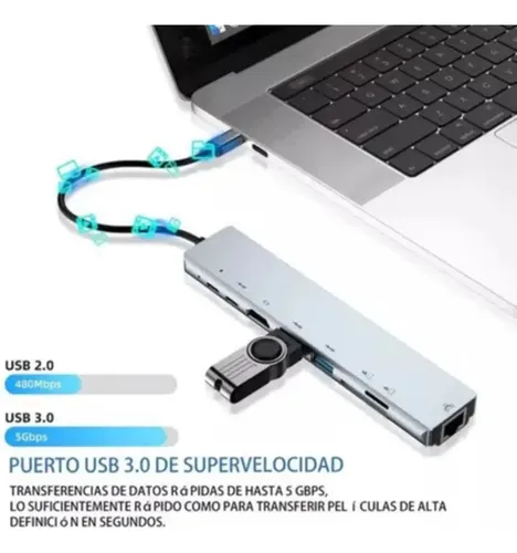 Hub Adaptador Multi Tipo C 8 En 1 Usb C A Hdmi Con Ethernet Plateado ...