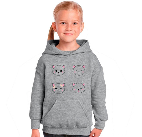 Imagen 1 de 3 de Buzo Canguro Gris Gatitos 4 Caras Hombre Mujer Niños
