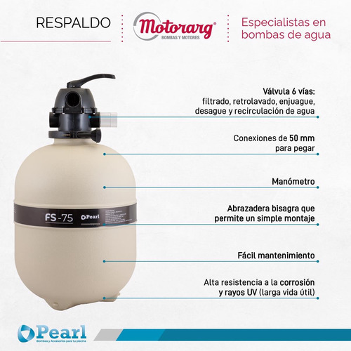 Imagen 8 de 12 de Combo Filtro Arena 75 + Bomba Pileta Pearl 0.75 Hp