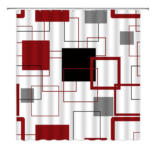 Jemxwux Borgoña Rojo Negro Geométrico Cortina De Ducha Cuadr