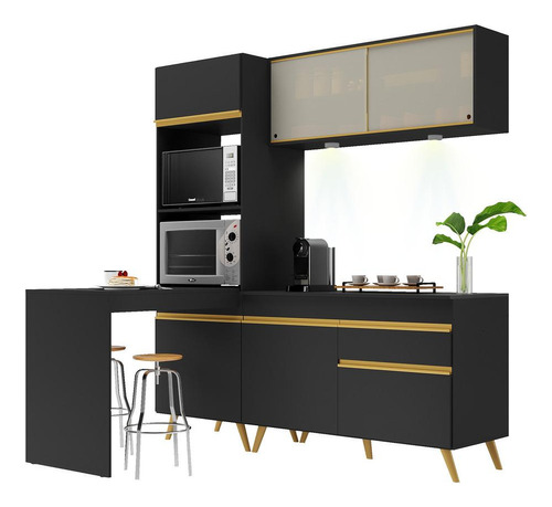 Armário Cozinha Compacta 182cm Veneza Up Multimóveis V2027 Cor Preto/Dourado