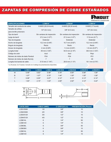 Zapata Terminal Estañada 6 Awg 3/8´´ 50 Pz Panduit Lcb6-38-l