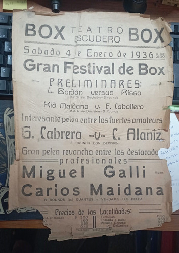 Antiguo Afiche De Box Año 1936 Teatro Escudero Minas Boxeo