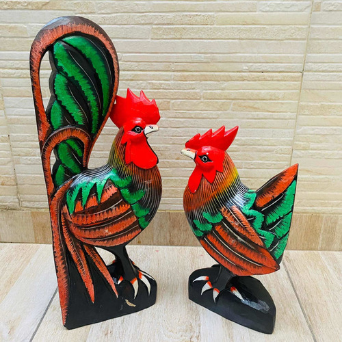 Pareja Gallo Y Gallina Tallado Y Pintado Artesanal Indonesia